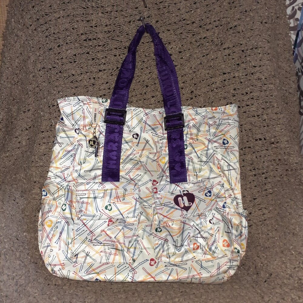 HARAJUKU LOVERS-Large Tote Bag-Bobby/Hair Pin Pattern-Purple Straps-Excellent